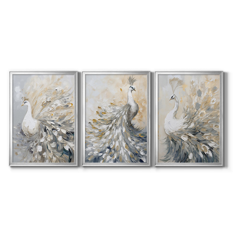 ANIMALS Series CCXLV III - Toile tendue avec châssis encadré - 3 pièces, H 19 po x l 27 po, Argent argent
