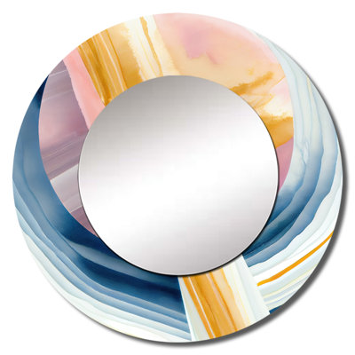 Partenie Wide Golden Brush Stroke I - Abstract Spirals Decorative Mirror, Modern Round Wall Mirror, Printed Metal Art