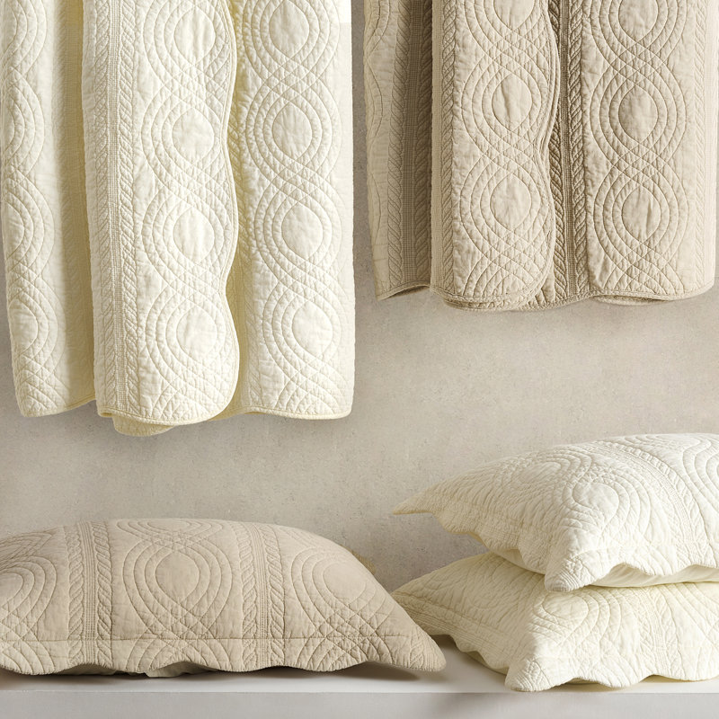 Ensemble de courtepointe 100% coton Scallop Edge, Courtepointe très grand et 2 très grandes taies , Beige lin