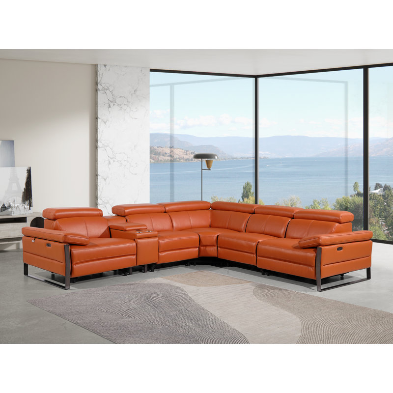 Top Grain Italian Leather 6-Piece L-Shaped Modular Power Reclining Sectional With 3 Power Recliners & Power Headrests