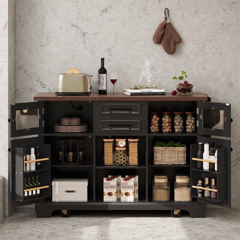 54.9" Farmhouse Kitchen Island with Drop Leaf, Charging Station, Cross Barn Doors & Glass Panel, 4 Internal Racks, Lockable Hidden Wheels