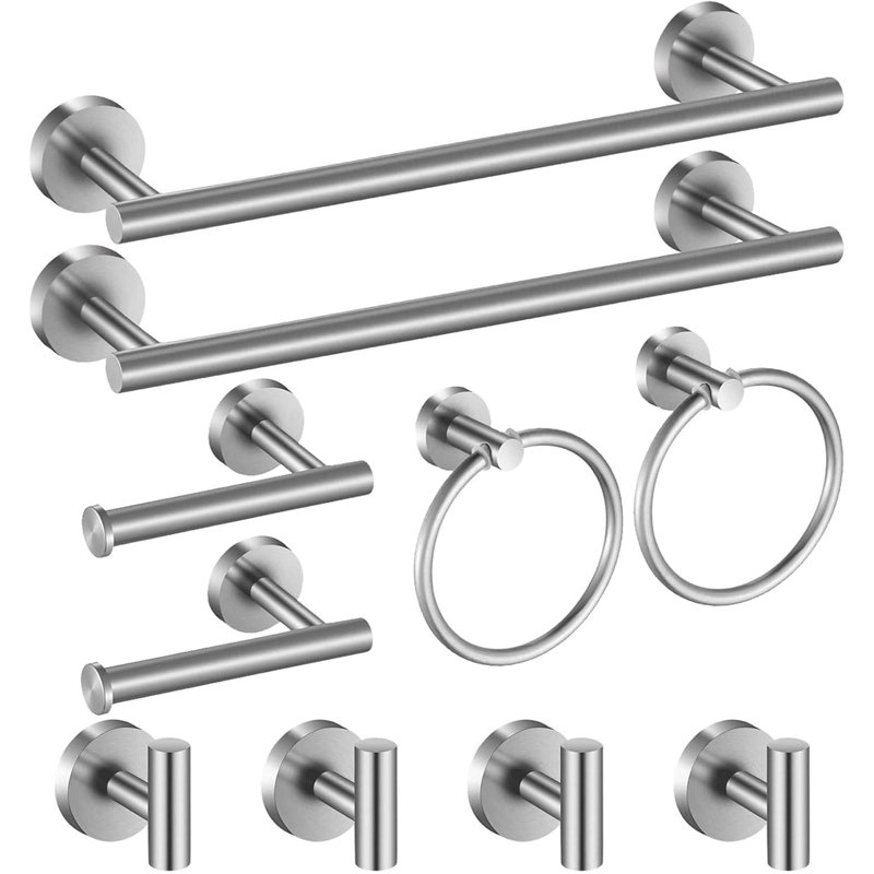 Ensemble de quincaillerie de salle de bain en nickel brossé 10 pièces, ensemble de barre à serviettes mural comprenant 2 porte-serviettes, 2 porte-papier hygiénique, 2 anneaux à serviettes et 4 crochets à peignoir pour les salles de bain modernes