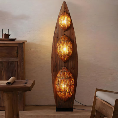 53.15"H Wabi-Sabi Solid Wood & Natural Rattan Floor Lamp, Mid-Century Ambient Light for Homestays & Decor