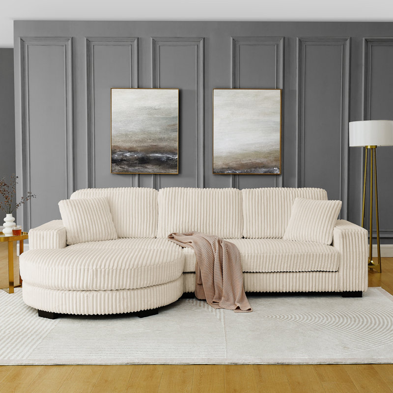 Beige en velours côtelé modulaire convertible en forme de L, revêtement doux au toucher et repose-pieds en arc beige