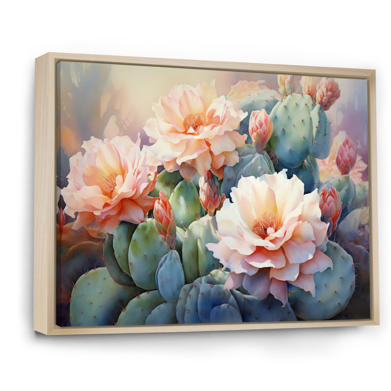 " Peach Green Cactus Romantic Impression ", 24" H x 32" W x 1" D, Natural Floater Framed