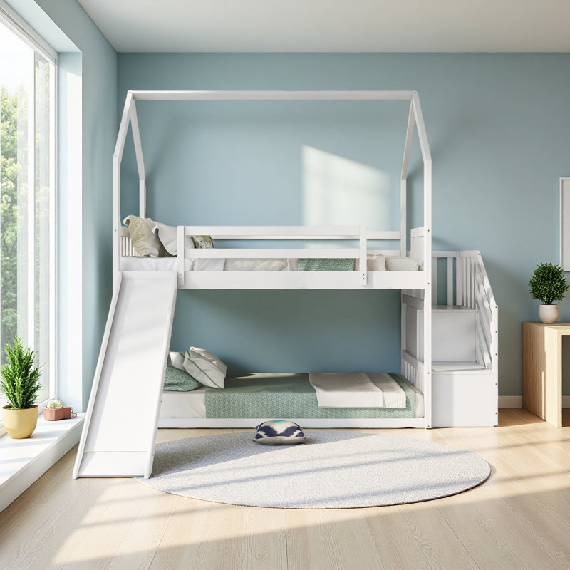 Lit superposé simple au dessus d'un lit simple avec glissière convertible, escalier de rangement pouvant être placé à gauche ou à droite