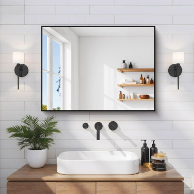 Ebern Designs Black Bathroom Mirror for Wall, 18x24 Inch Rectangle with Metal Frame, Modern Vanity for Bathroom Living Room, Entryway Hangs Horizontal or Vertical
