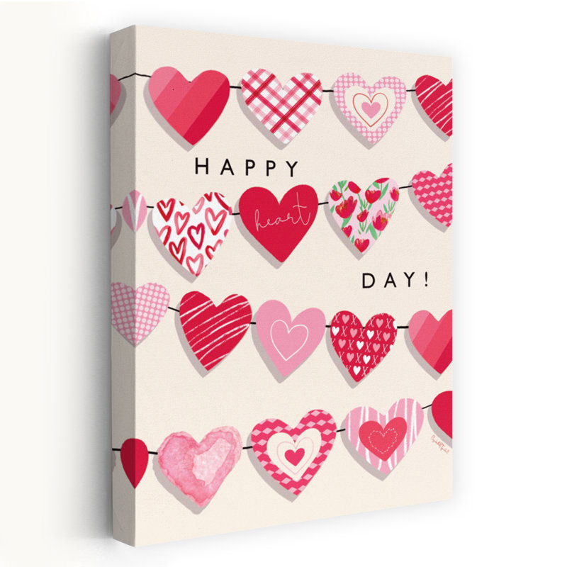 «Happy Heart Day», art mural abstrait romantique fantaisiste, 36" H x 24" W