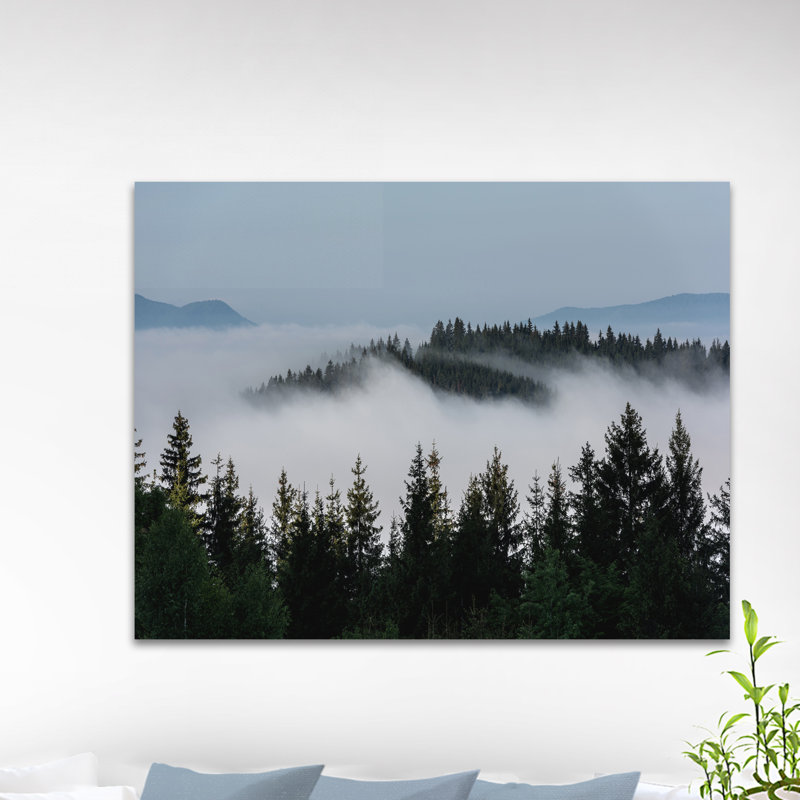 Dark Trees and Fog Over Mountains Landscape Wrapped Canvas Print