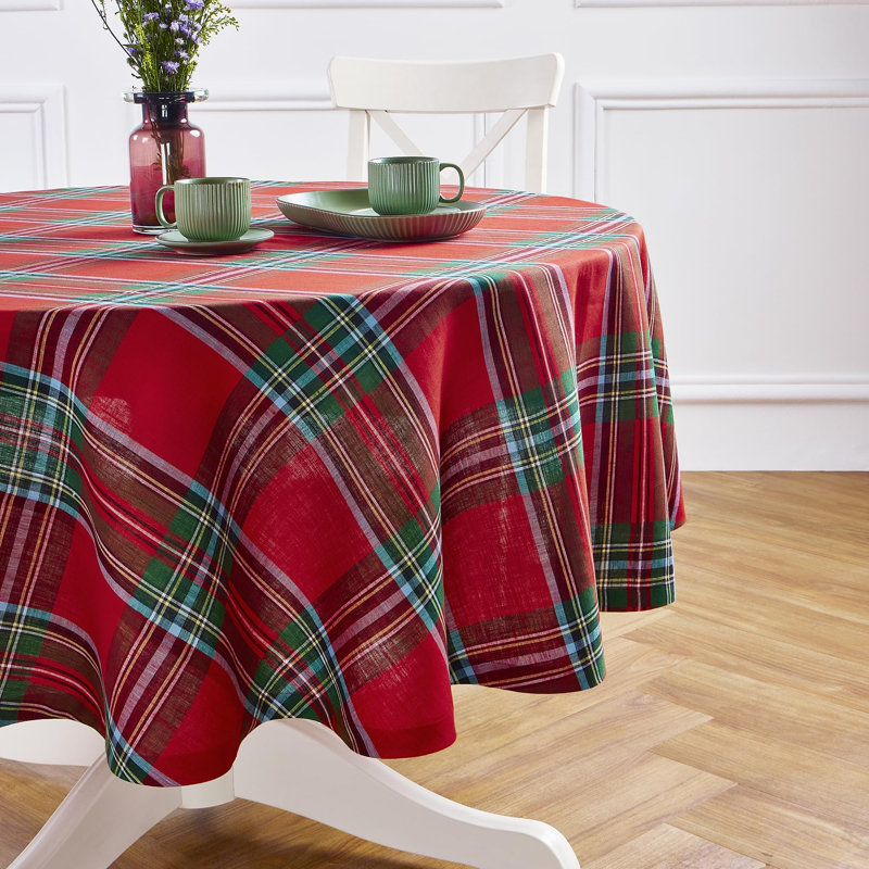 Madras Holiday Plaid - 100% Pure Linen Round Tablecloth, 70" Round