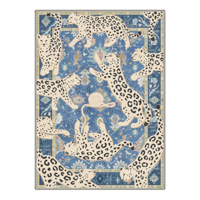 Machine Washable Animal Print Blue / Ivory Area Rug With Non-Slip Backing