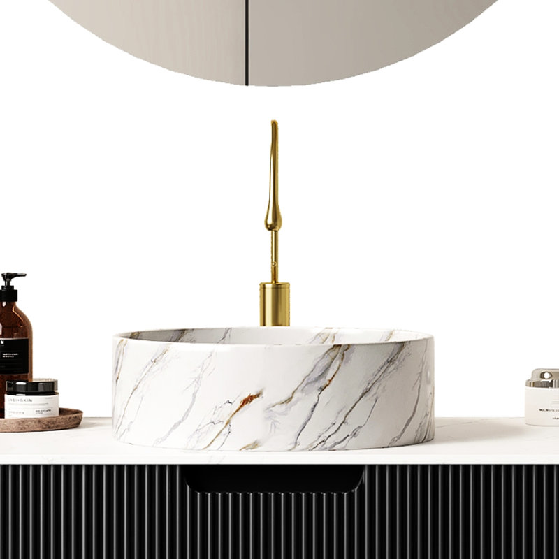 Lavabo de salle de bain vasque rond 14 po en céramique blanche brillante avec motif de pierre, une pièce, sans robinet ni accessoire d'installation d'armoire