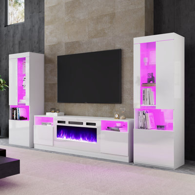 Anello Highgloss Fireplace Entertainment Center Set, Fireplace TV Stand, 2 Bookcases