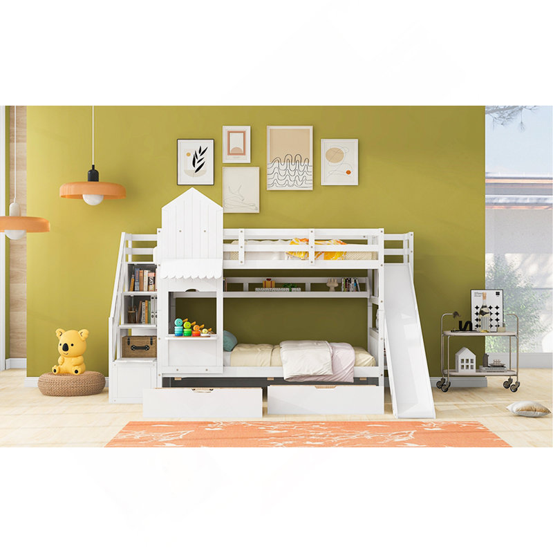Lit superposé simple au-dessus d'un lit simple de style château avec 2 tiroirs et 3 glissières, Blanc