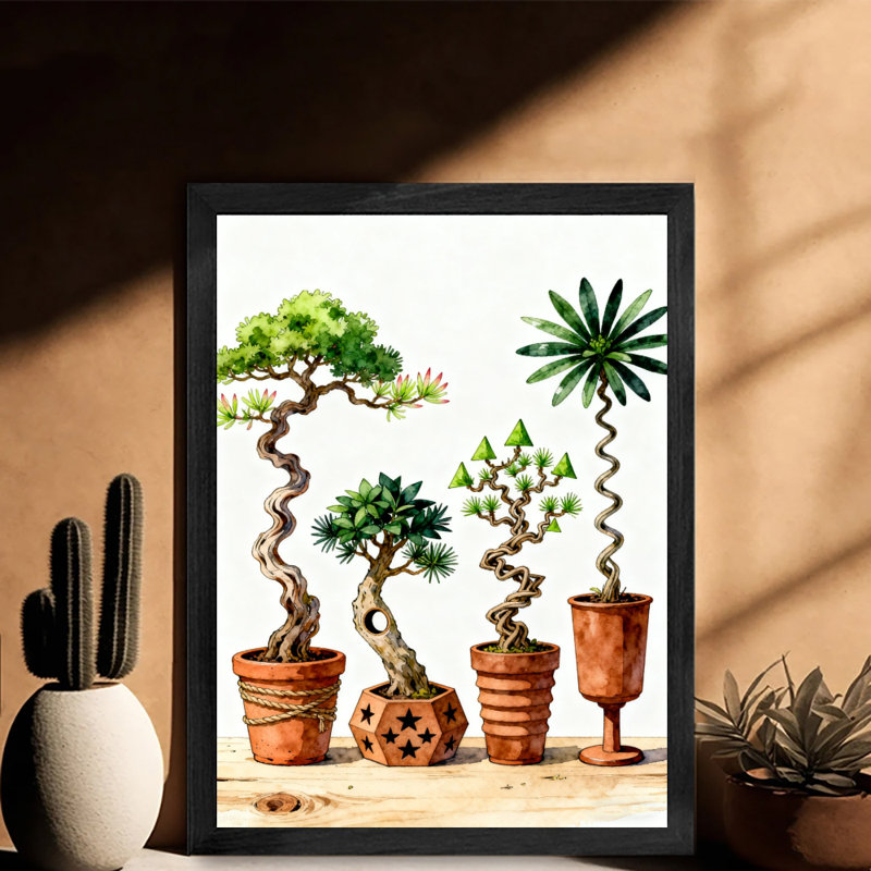 Reproduction d'art encadré noir avec quatre plantes de bonsaï de différentes formes, H 37 po x l 25 po