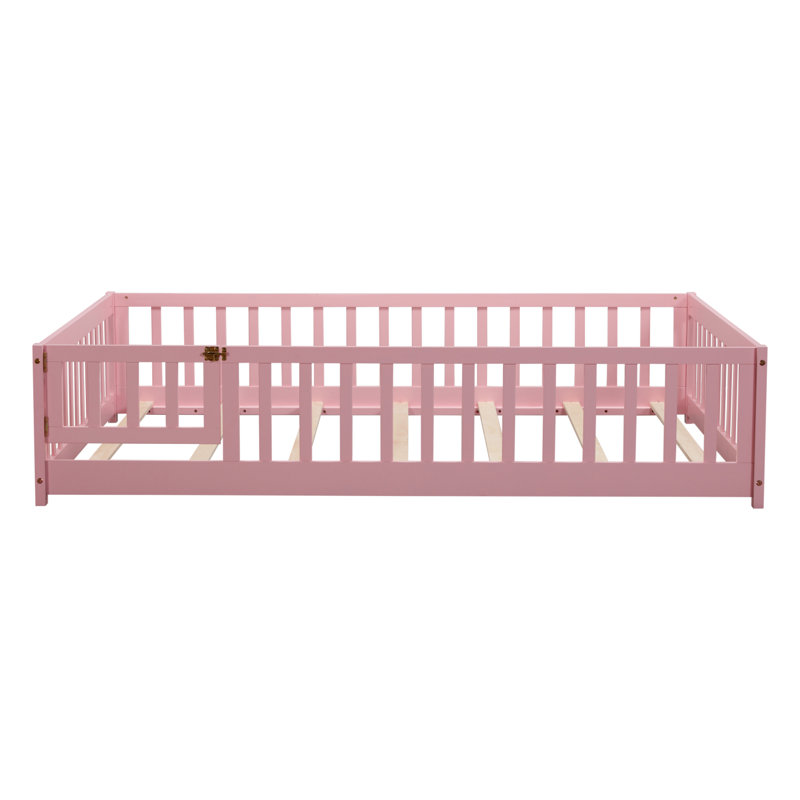 Lit de plancher avec clôture et porte, lit de plancher en bois d'hévéa avec garde-corps de sécurité, Rose foncé
