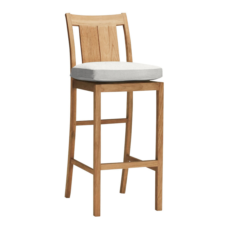 Croquet 24.5" Patio Bar Stool with Cushion, Rollo Lace InsideOut® Linen, No Welt, Natural Teak