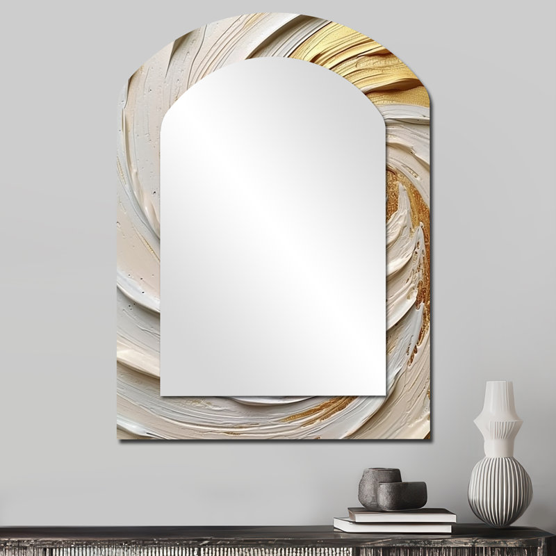 Or éternel tourbillon IV - spirales abstraites, miroir mural asymétrique unique, miroir arqué moderne, impression sur métal
