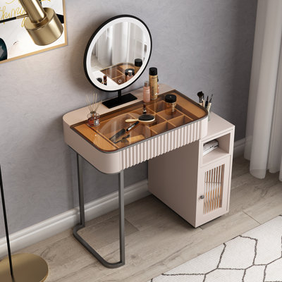 Coiffeuse de maquillage Chiquitha, plateau en verre, coin