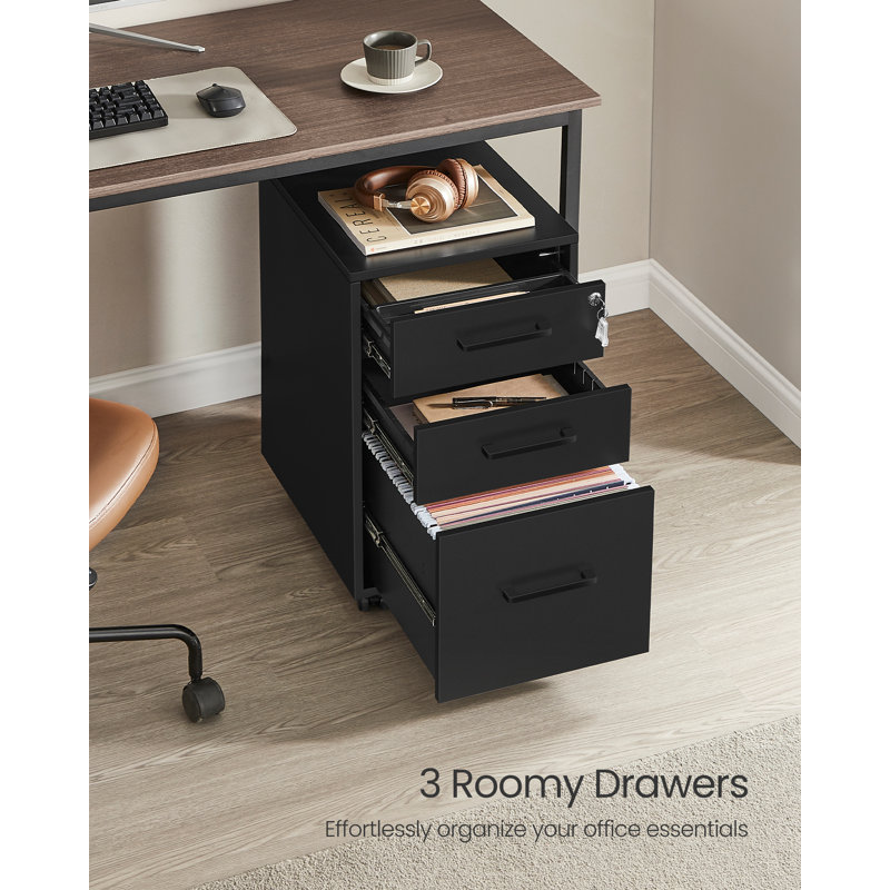 Matte Black Mobile 3-Drawer Lockable File Cabinet