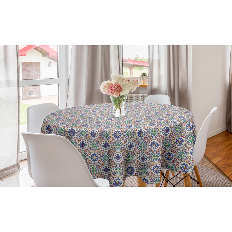 Ambesonne Geometric Round Tablecloth, Portuguese Tiles Floral Themed European Culture Elements Colorful Plant Design, Circle Table Cloth Cover For Dining Room Kitchen Decoration, 60", Multicolor