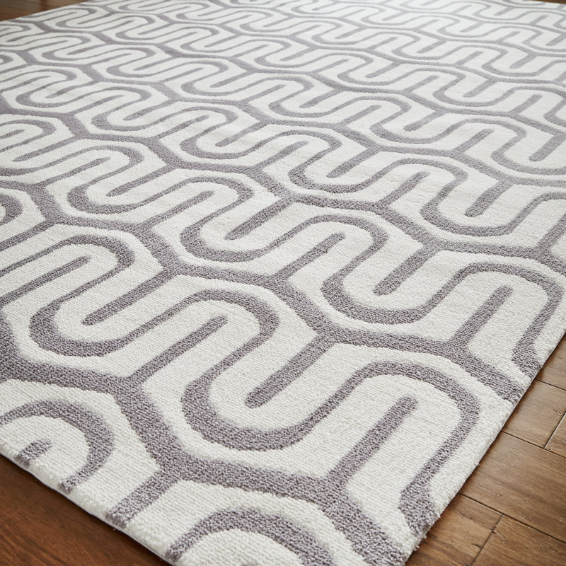 Tapis beige / gris touffeté à la main à motif géométrique Kobe, Rectangle 5 pi x 7 pi