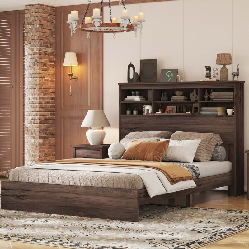 Lit plateforme en bois avec ports de chargement USB, Noyer