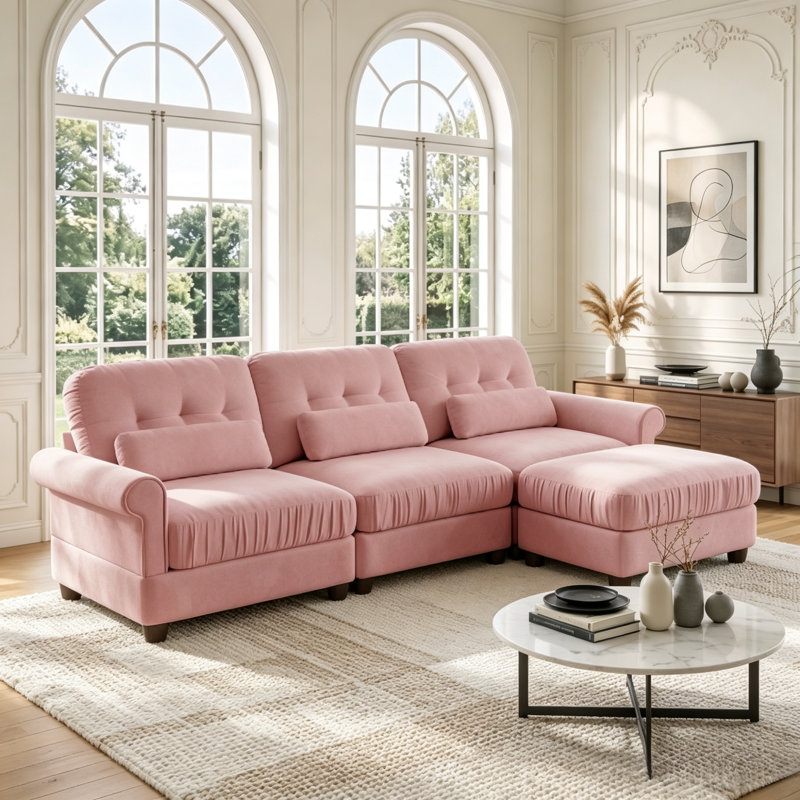 Canapé d'angle en chenille rose de 250 cm (98 po), pouf, coussin à volants et accoudoirs arrondis, Pink Chenille