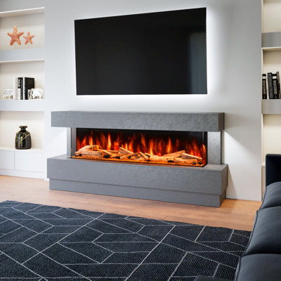 Raphael Freestanding Electric Fireplace Suite | Textured Stone Effect | 1500mm 3-Sided Led Electric Fire with Panoramic Flame | Remote & App Control | Led Side Lighting