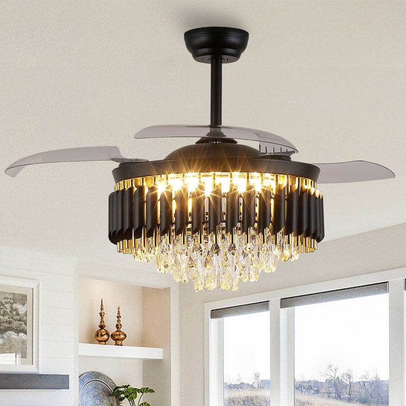 48" Dimmable Crystal Ceiling Fan With Led Lights And Remote Control, Black with Gold