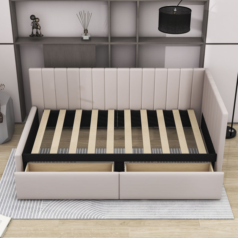 Twin Size 2 Drawers Upholstered Daybed, Beige