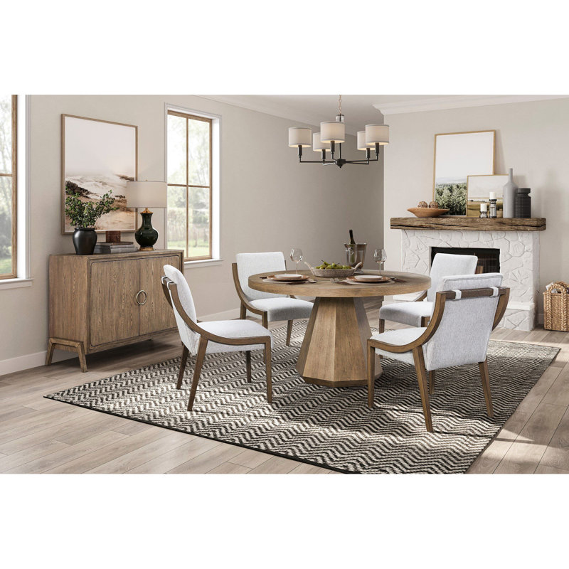 Table de salle à manger ronde au fini latté, avec base à piédestal et placages, Modern Soft Enchant, 54 x 54 x 30, bois massif +, base en placages chatoyants bruns, fascinant, scintillant