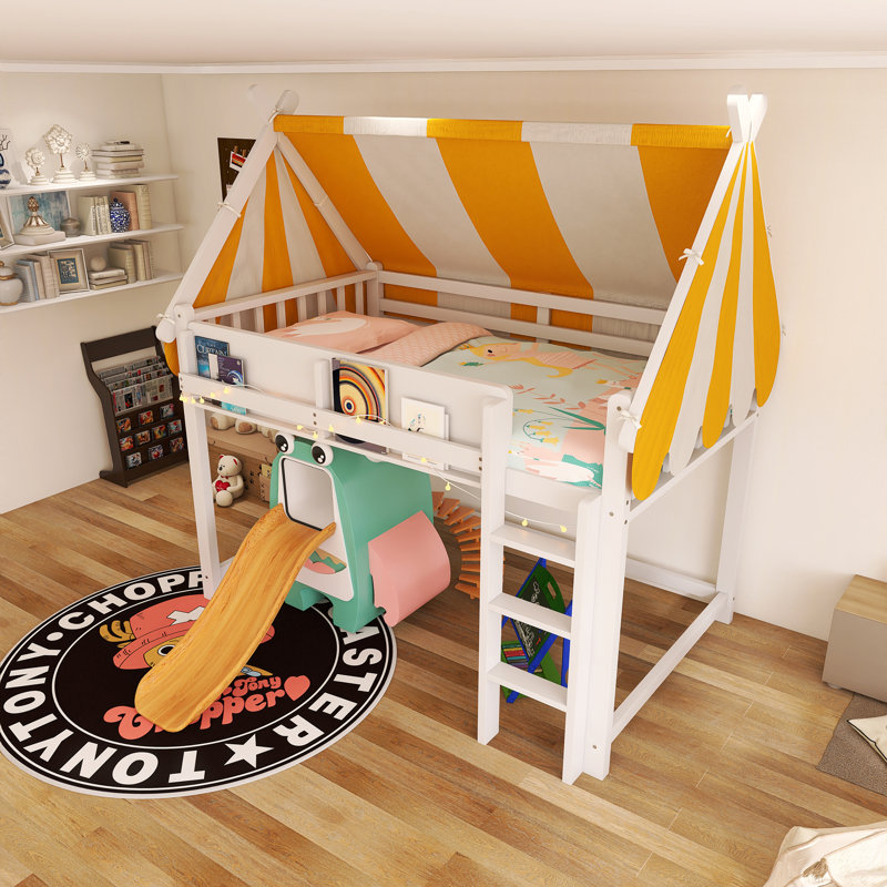 Lit mezzanine double à structure en bois avec auvent, lumières DEL et étagère à livres, Lit double, Blanc