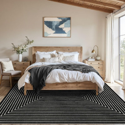 Black White Geometric Labyrinth 5' x 7' Area Rug for Office Hallway