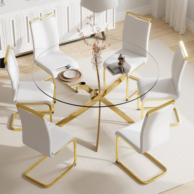 Ensemble de table de salle à manger 7 pièces, table ronde en verre trempé de 47 pouces et 6 chaises de salle à manger rembourrées.