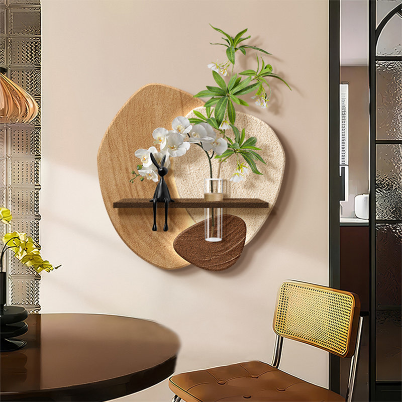 Tablette flottante murale irrégulière en grès avec lumière DEL, support de décoration murale avec vase en verre et plantes vertes artificielles pour le hall d'entrée
