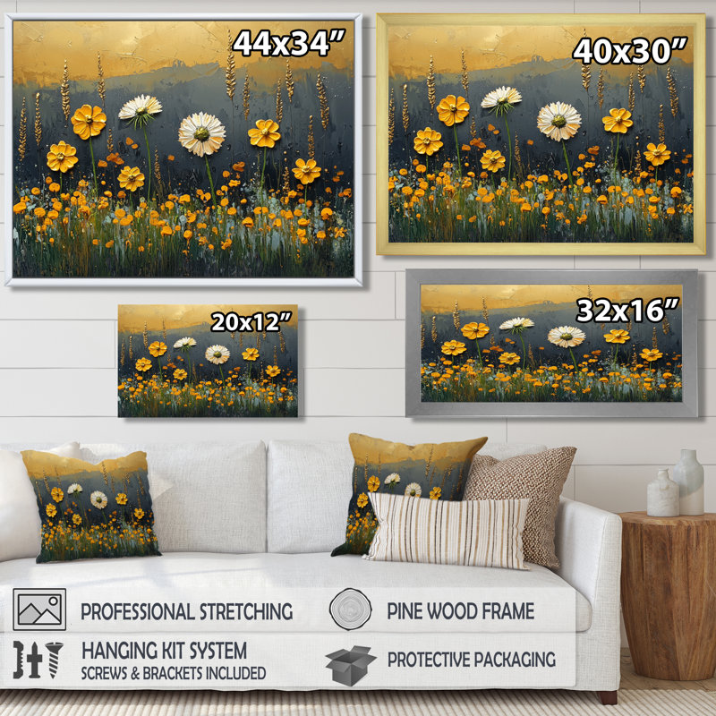 «Dark Summer Daisies Field Landscape II» - Art mural marguerites, Cadre simple, H 12 po x l 20 po, Blanc