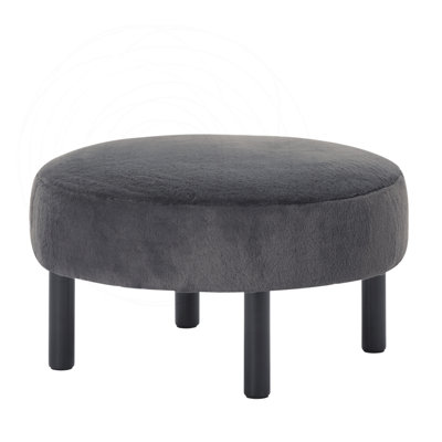 Round Faux Rabbit Fur Ottoman with Solid Wood Legs