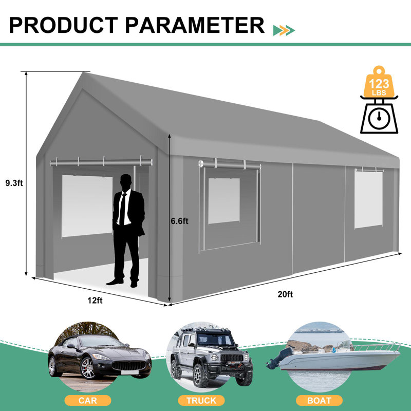 Abri de voiture robuste 12 po x 20 pi avec fenêtres à enroulement avec parois latérales et porte amovibles, Gris