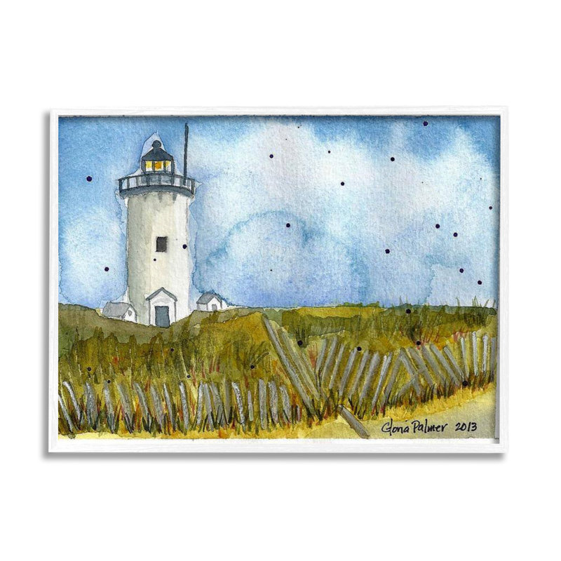 Peinture de phare de campagne par Gloria Palmer, H 16 po x l 20 po x P 1,5 po, Giclée encadrée blanc bord de mer