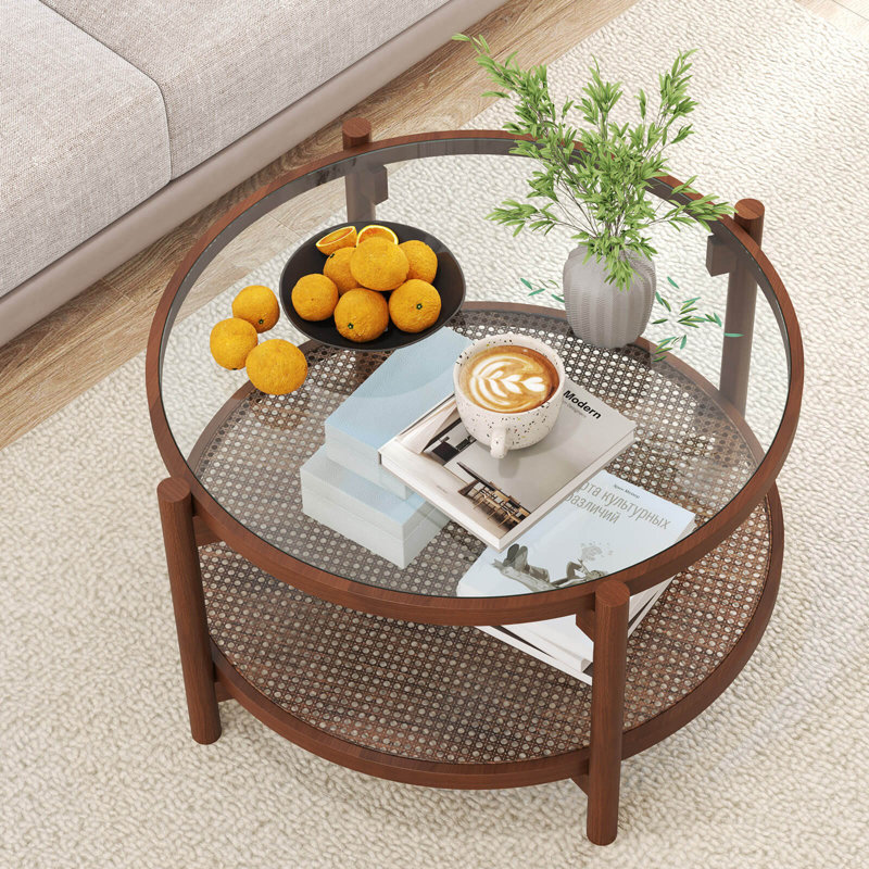 Table basse ronde en bois avec plateau en verre trempé fait à la main 31 po