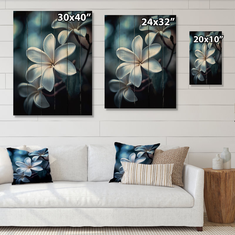 Fleurs de plumeria exotiques blanches et blanches sur bois, H 40 po x l 30 po x P 0,78 po