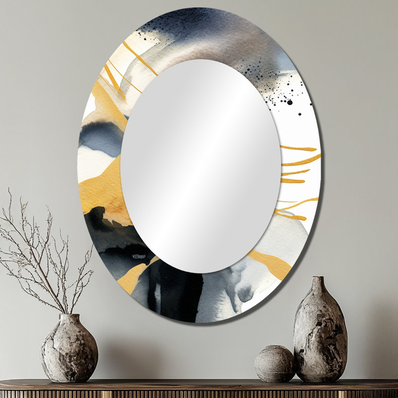 Pastel Abstract With Blue Black & Gold Spots VI - Large Oval Wall Mirror On Metal, 40" x 30"