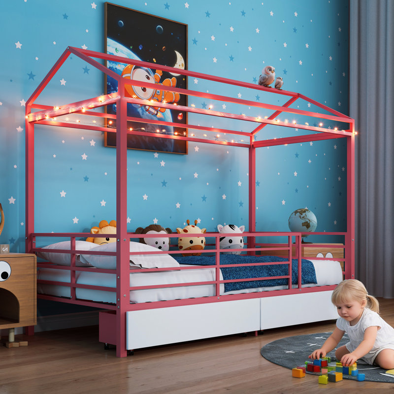 Twin Pink House Bed With Guardrail And Roof For , Metal Floor In Bedroom, Low - Height Easy Access, No Box Spring Needed , Bunk Guardrail, Frame Design A Comfortable Required