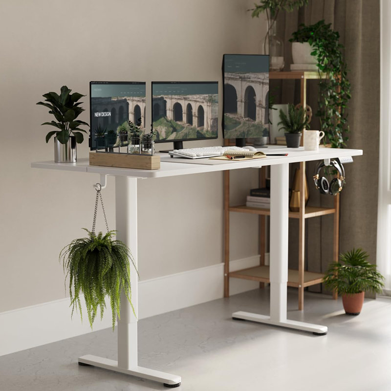 Electric Height Adjustable Standing Desk with Hooks, Bamboo/White, 46.5"H x 55" W x 24" D
