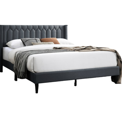 Grand lit contemporain en toile de jute gris anthracite, tête de lit élégante avec coutures en losange, base en bois rembourrée de conception moderne, sans sommier tapissier