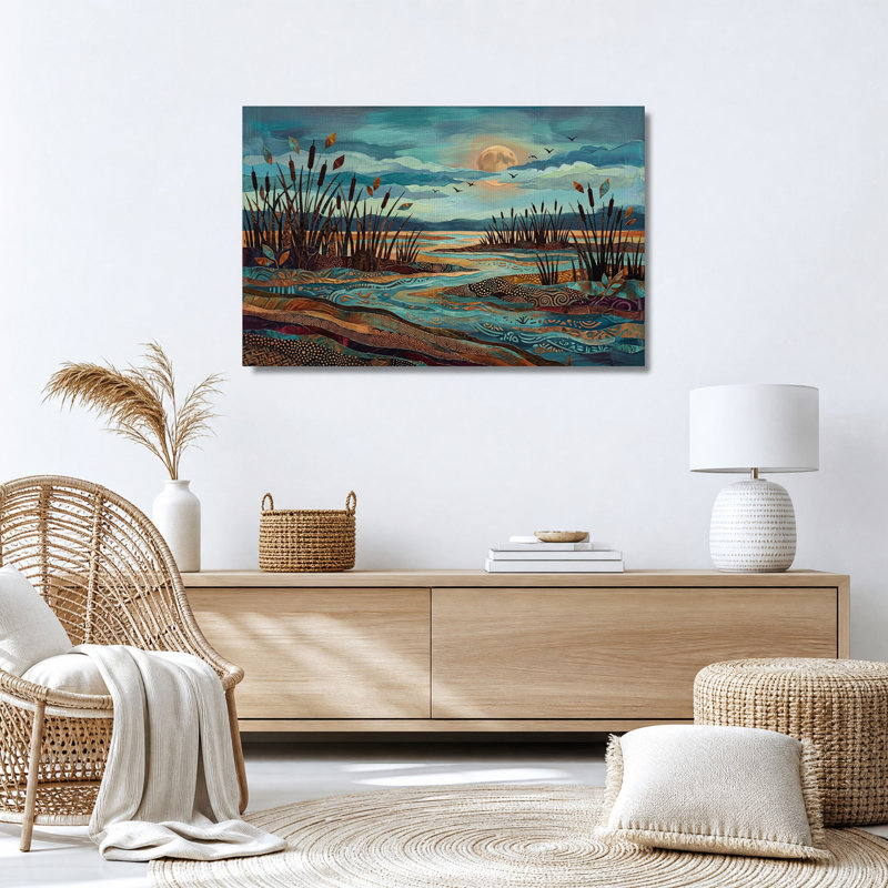 Tableau sur toile « Marais au clair de lune turquoise avec quenouilles et eau à motifs », 16"H x 24"W