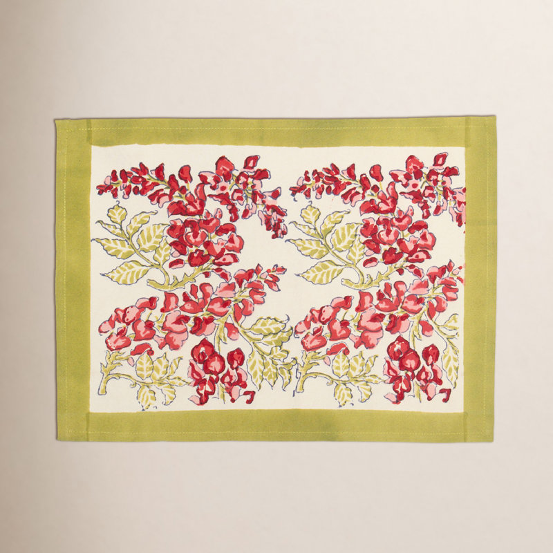 Wisteria 100% Cotton Floral Rectangle Placemat, Green/Pink