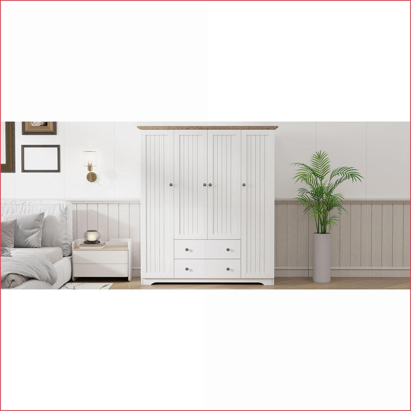 Chests &amp; Wardrobes | Classic 4-Door Armoire with 2 Drawers, White | Pine Wood+MDF, White