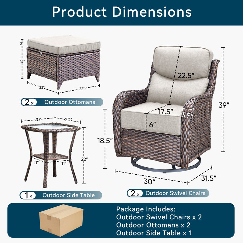 Ensemble de mobilier de patio en osier - Ensemble de conversation modulaire en rotin 5 pièces avec 2 chaises berçantes pivotantes, 2 repose-pieds et 1 table d'appoint pour terrasse